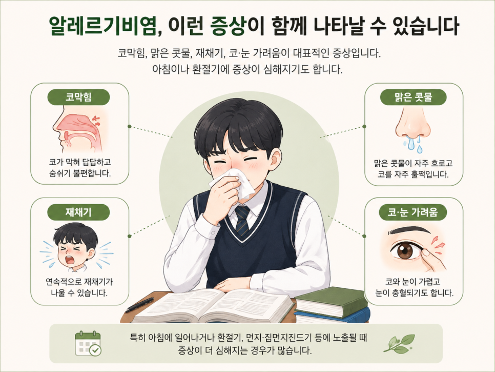 코막힘, 맑은 콧물, 재채기, 코와 눈 가려움 등 알레르기비염의 주요 증상