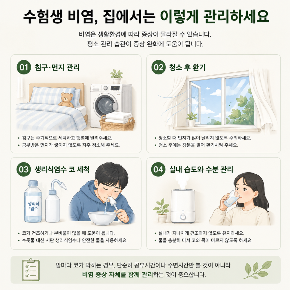침구와 먼지 관리, 환기, 생리식염수 코세척, 실내 습도와 수분 섭취 안내